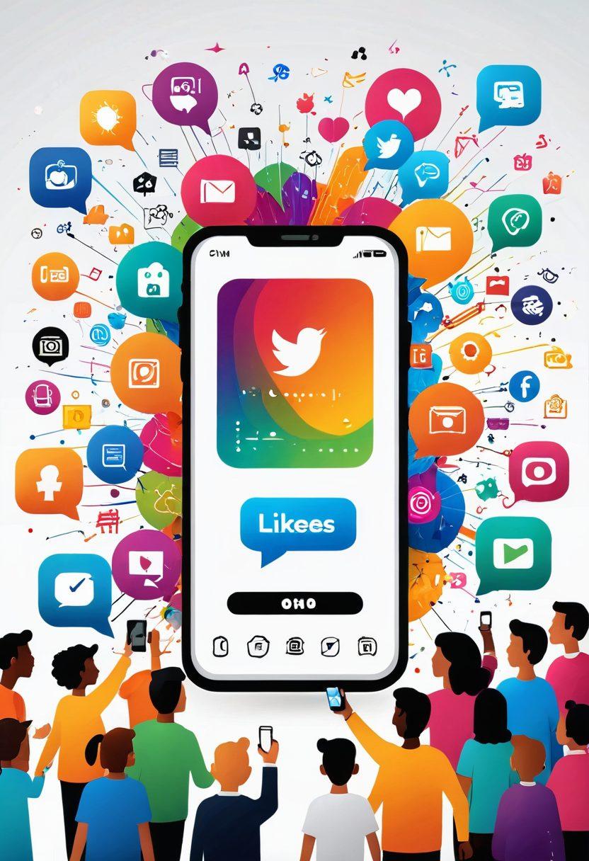 A dynamic scene featuring a smartphone showcasing vibrant short-form videos, surrounded by engaging icons representing likes, shares, and comments. Include diverse people engrossed in watching videos with expressions of excitement and laughter. The background is filled with digital elements symbolizing connectivity and creativity, such as abstract lines and colorful bursts. super-realistic. vibrant colors. white background.