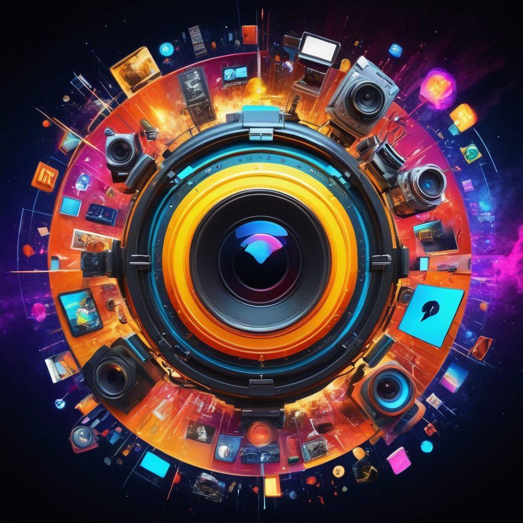 A dynamic collage of user-generated video clips morphing into a stunning, futuristic multimedia showcase, featuring vibrant colors, playful graphics, and digital elements symbolizing creativity and innovation. Include social media icons, film reels, and sparks of inspiration radiating outward, representing the evolution of video entertainment. The background should have a digital, tech-inspired feel. super-realistic. vibrant colors. 3D.